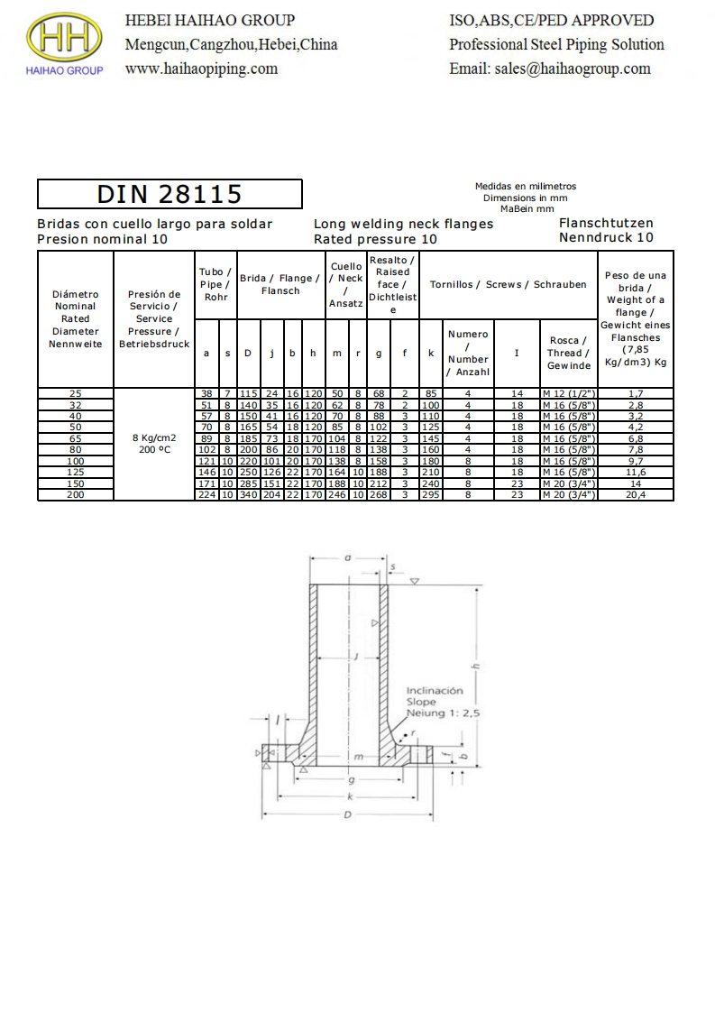 DIN-28115-PN10-Long-Neck-Welding-Flanges-Dimensions参考标准规范