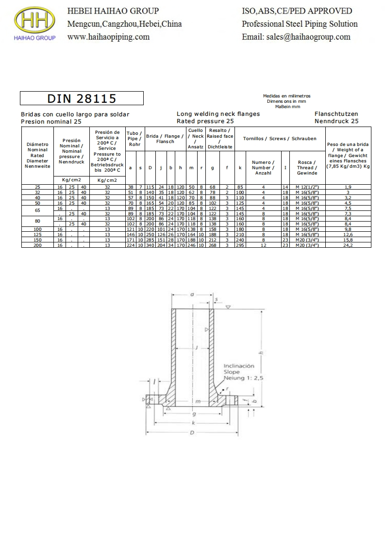 DIN-28115-PN25-Long-Neck-Welding-Flanges-Dimensions参考标准规范