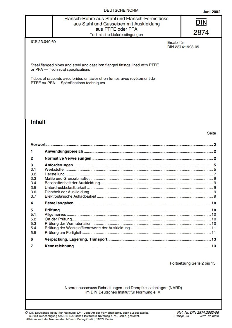 DIN-2874-2002-钢制法兰管和带PTFE或PFA衬里的钢制和铸铁法兰管件.技术规范