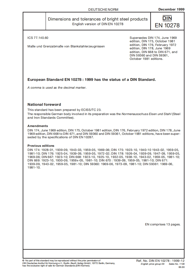 DIN-EN10278-1999-Dimensions-and-tolerances-of-bright-steel-products现行标准技术规范