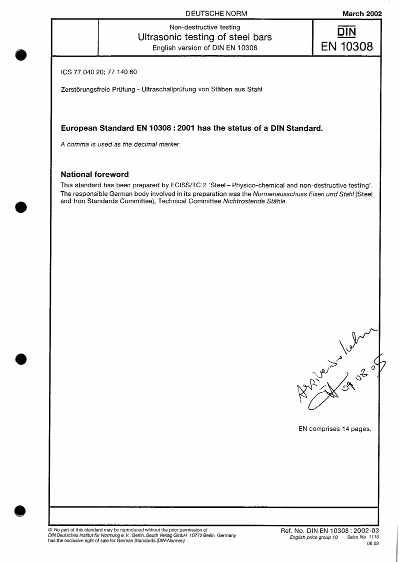 DIN-EN10308-2002-Non-destructive-Testing-Ultrasonic-Testing-of-Steel-Bars现行标准技术规范