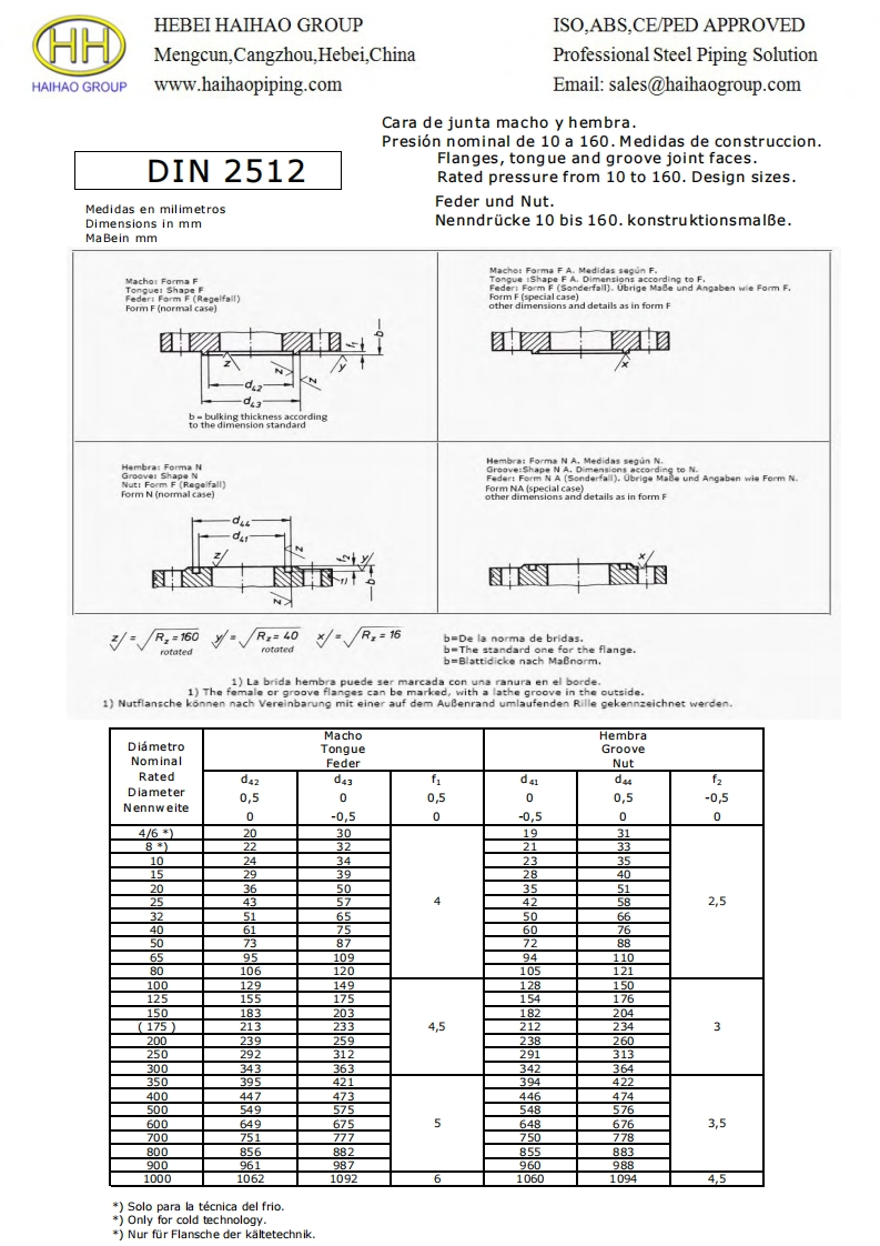DIN2512-Flanges-tongue-and-groove-joint-faces-PN10-PN160-Design-Dimensions参考标准规范
