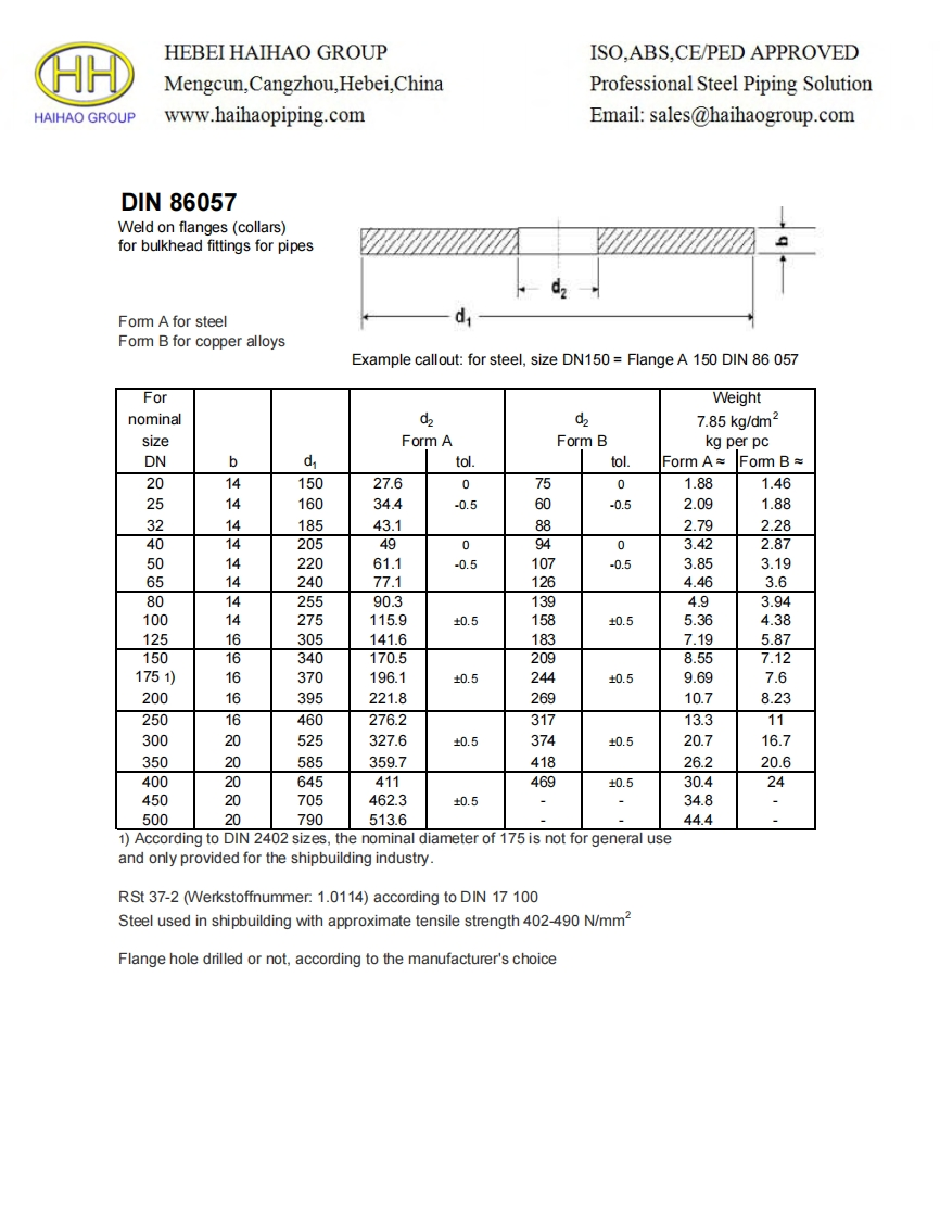 DIN86057-Welding-On-Flanges-Collars-for-Bulkhead-Fittings-for-Pipes-Dimensions参考标准规范