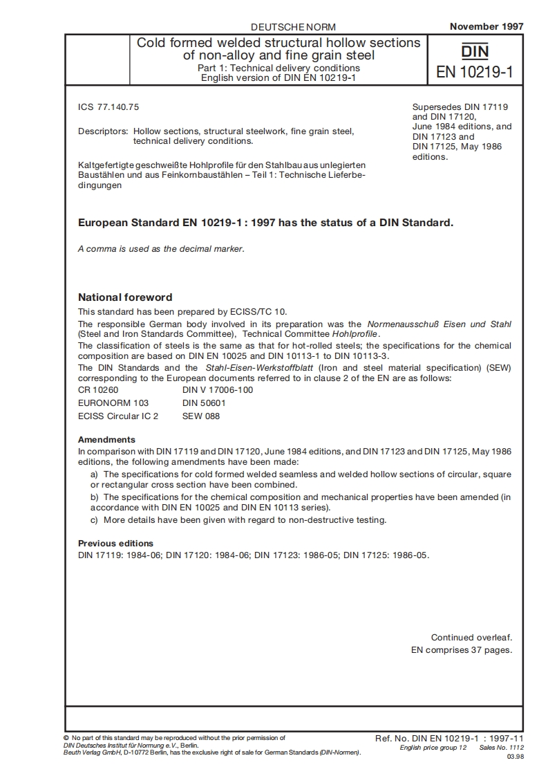 DINEN10219-1ColdFormedWeldedStructuralHollowSectionsofNon-alloyandFineGrainSteel现行标准规范