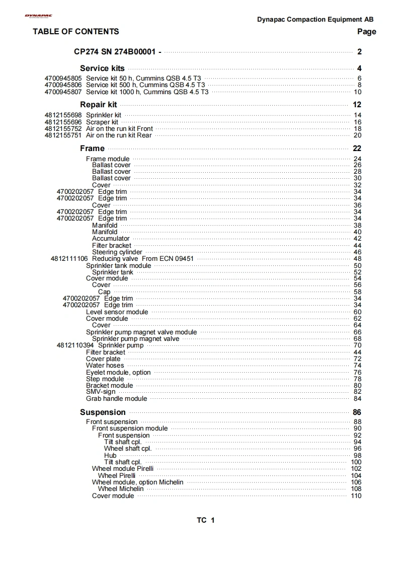 DYNAPAC戴纳派克scp274压路机零部件手册