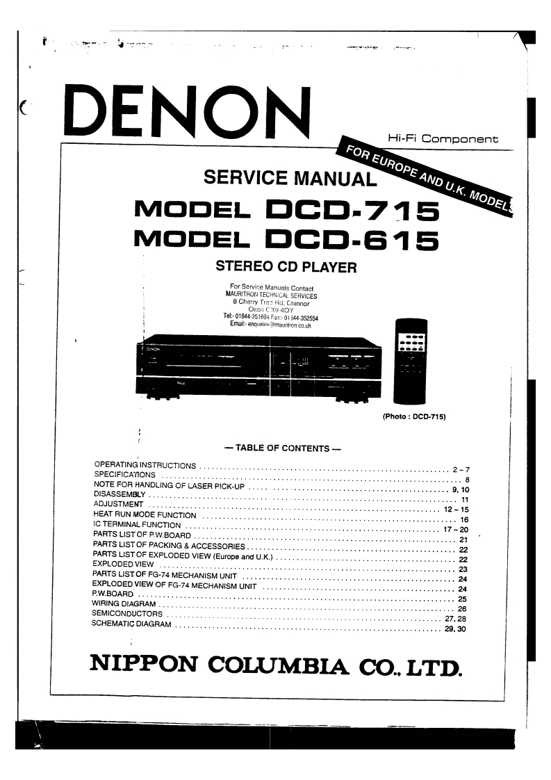 Denon-DCD715-cd-维修说明书手册含电器原理图-找手册网