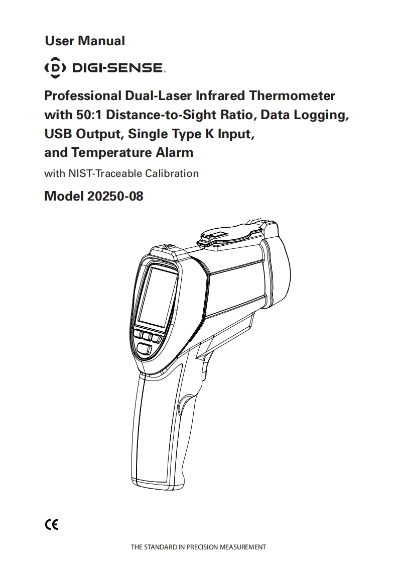 Digi-Sense_20250-08_Professional_Dual-Laser_Infrared_Thermometer_with_50_1_Distance-to-Sight_Ratio_Data_Logging_USB_Output_Single_Type_K_Input_and_Temperature_Alarm_使用手册说明书