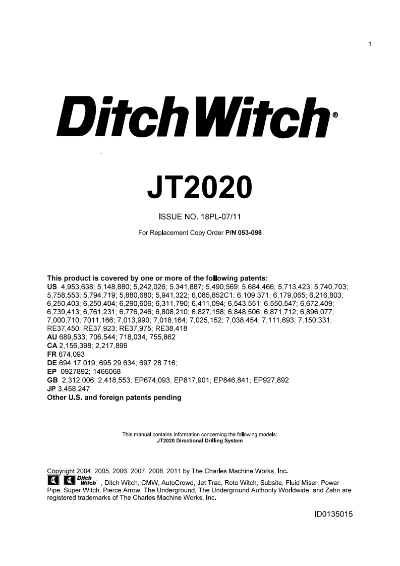 Ditch-Witch-JT2020操作与维修零部件手册