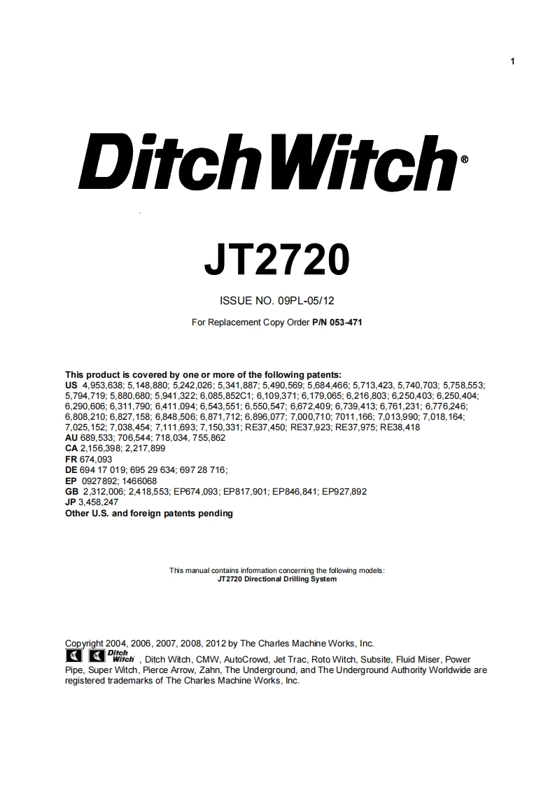 Ditch-Witch-JT2720免开挖定向钻机操作维修与零部件手册