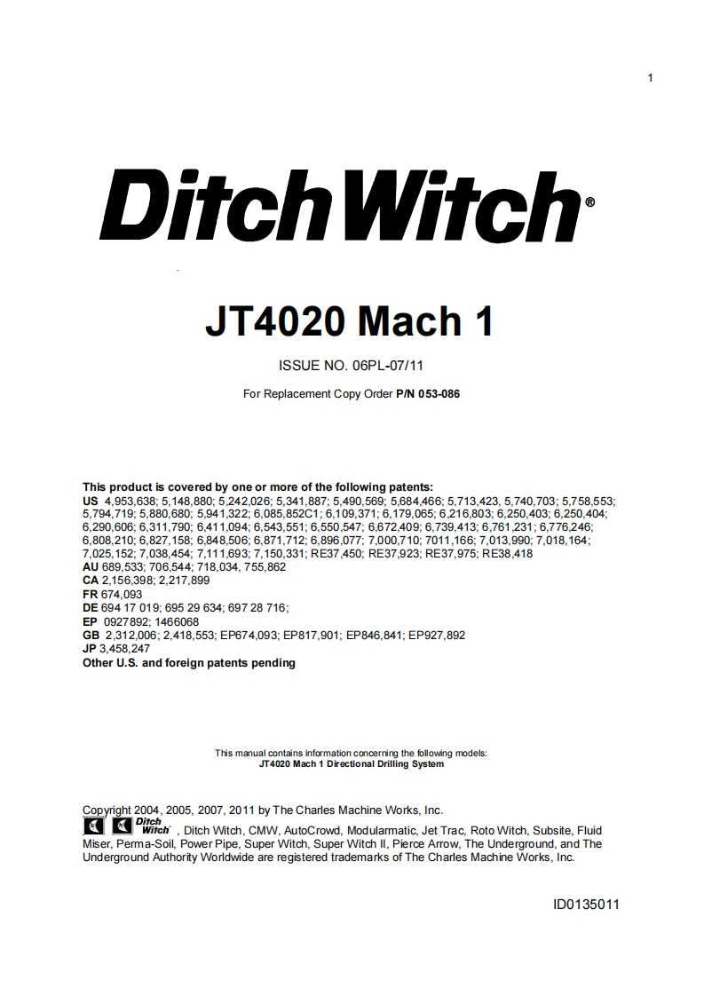 Ditch-Witch-JT4020-Mach-1免开挖定向钻机操作维修与零部件手册