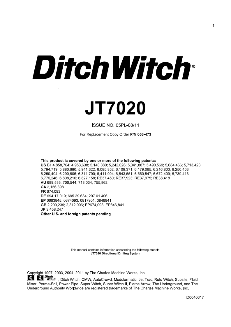 Ditch-Witch-JT7020操作与维修零部件手册