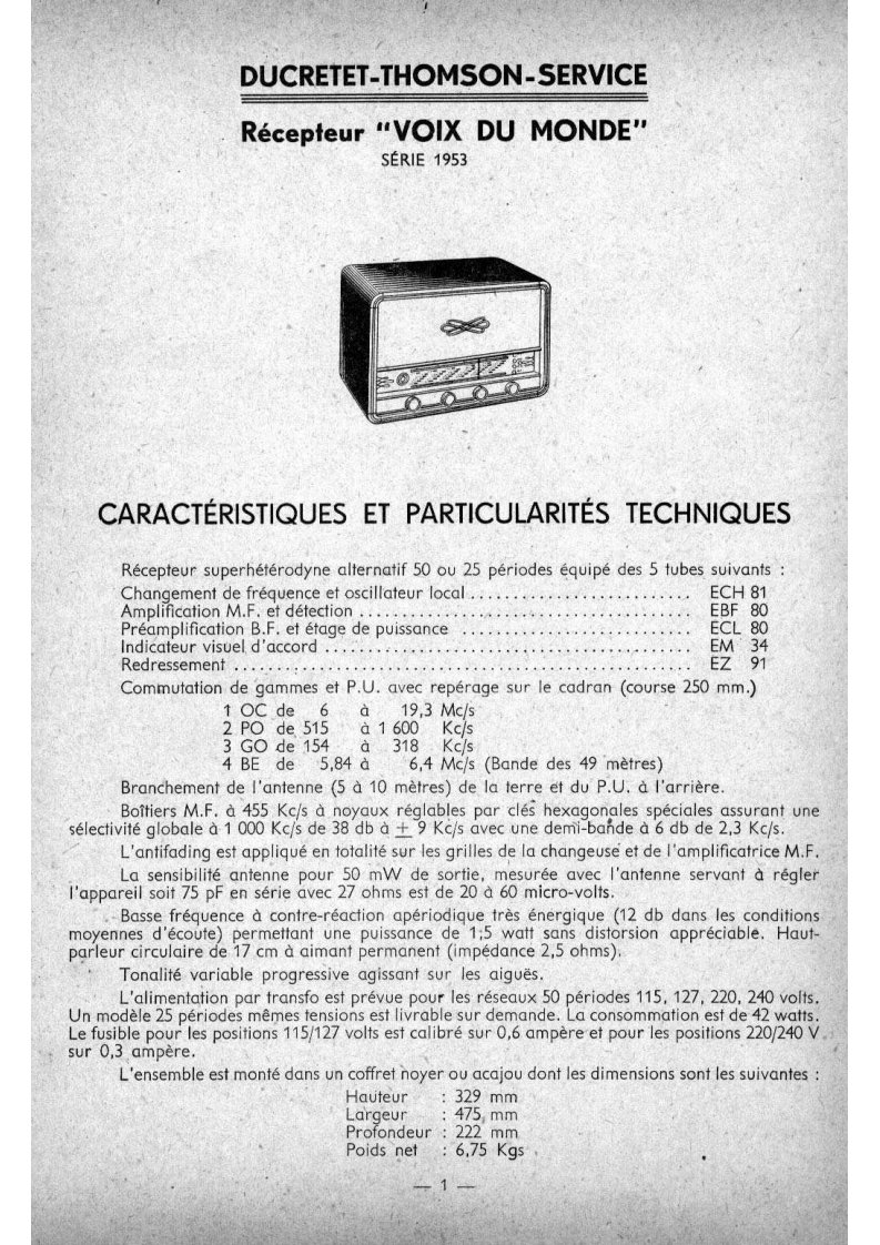 Ducretet-VoixDuMonde53-rec-维修说明书手册含电器原理图