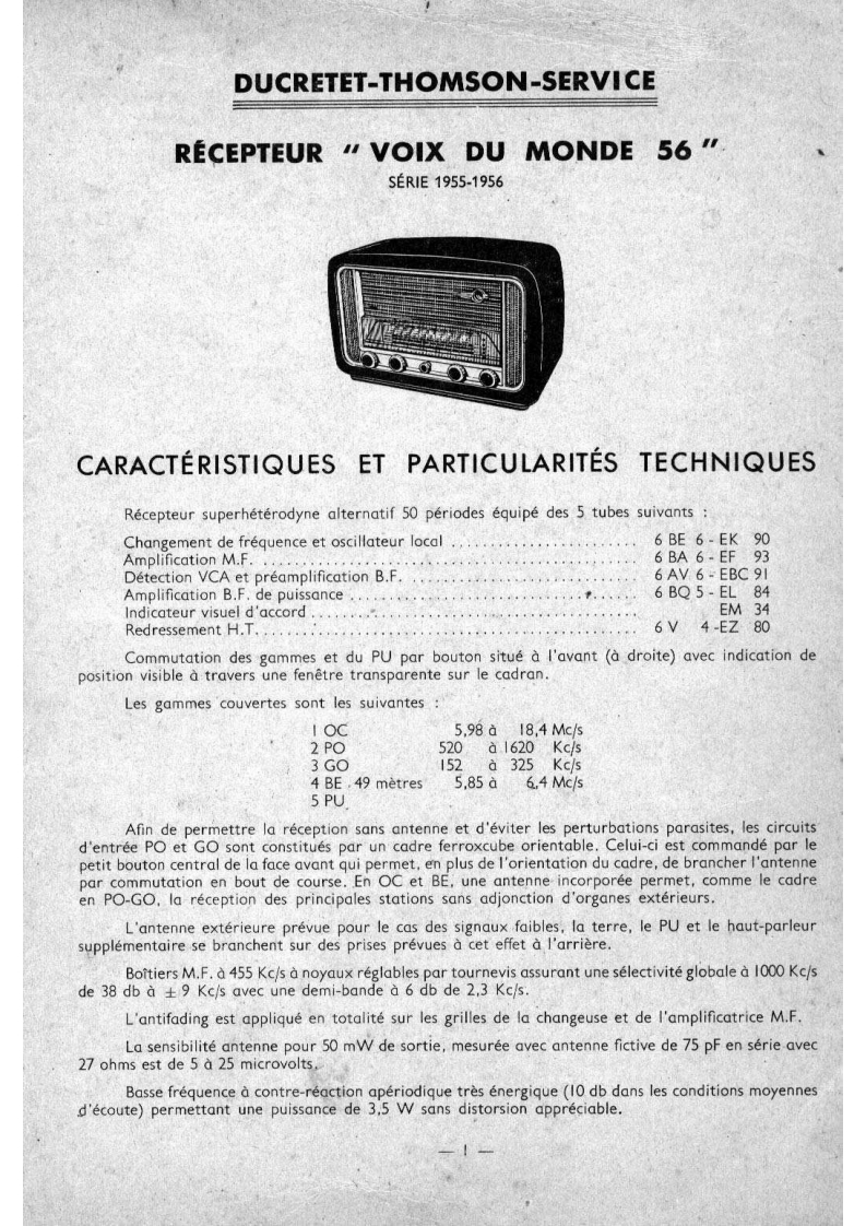 Ducretet-VoixDuMonde56-rec-维修说明书手册含电器原理图