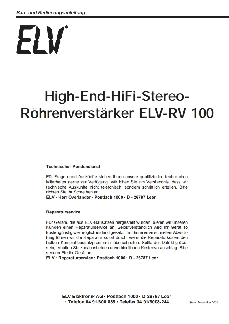ELV-RV100-pwr-维修说明书手册含电器原理图