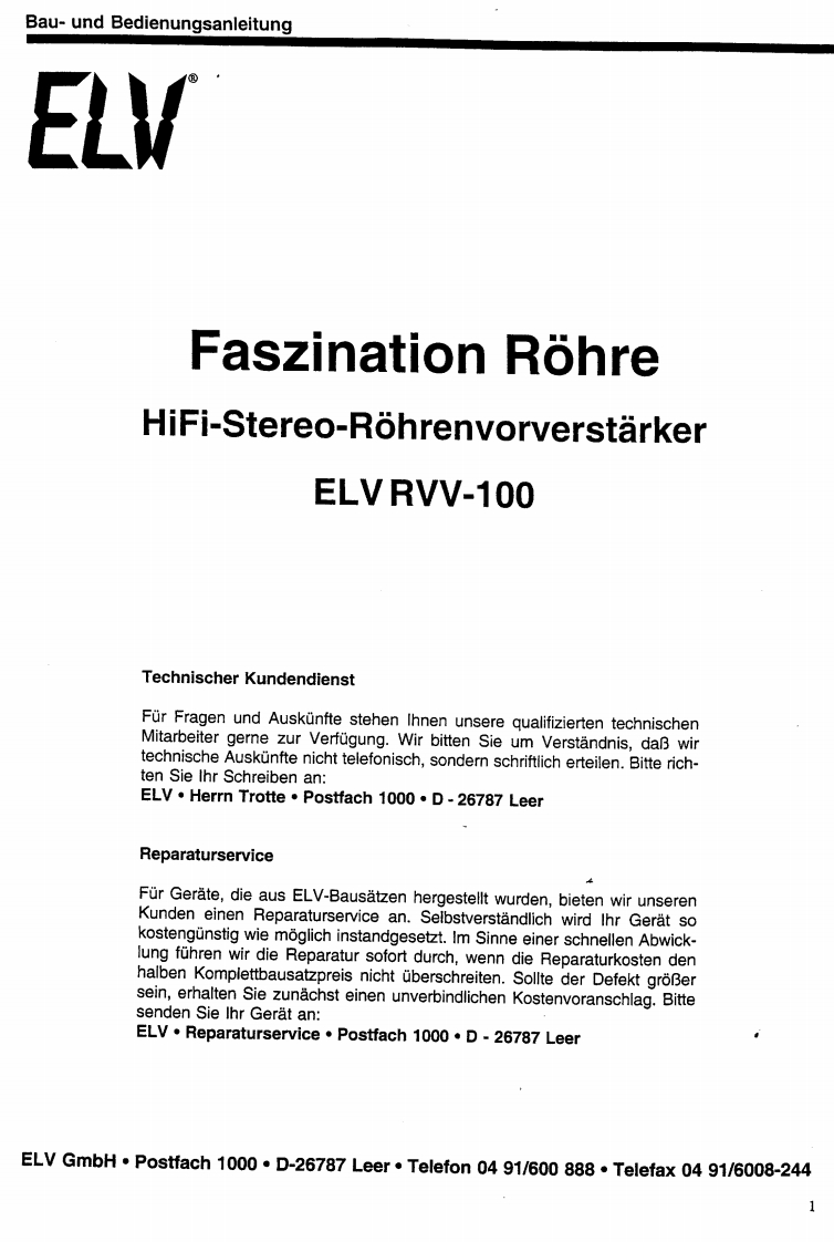 ELV-RVV100-pwr-维修说明书手册含电器原理图