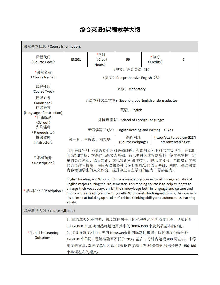 EN201《综合英语（3）》课程教学大纲(1)