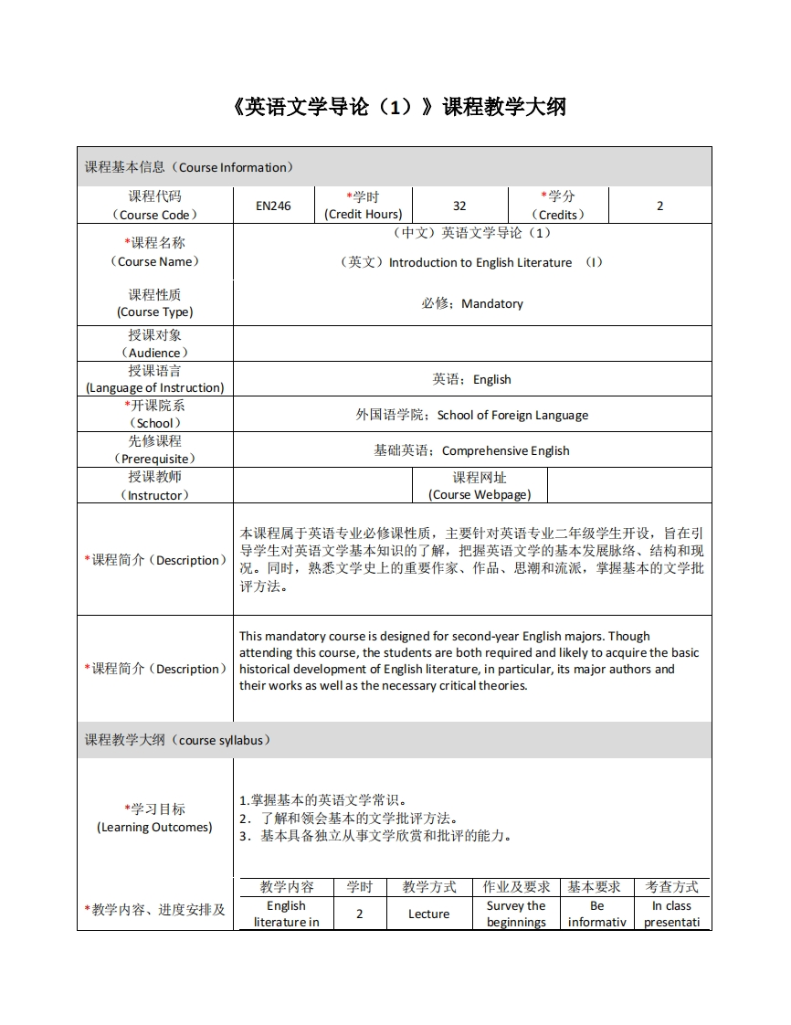 EN246《英语文学导论（I）》课程教学大纲