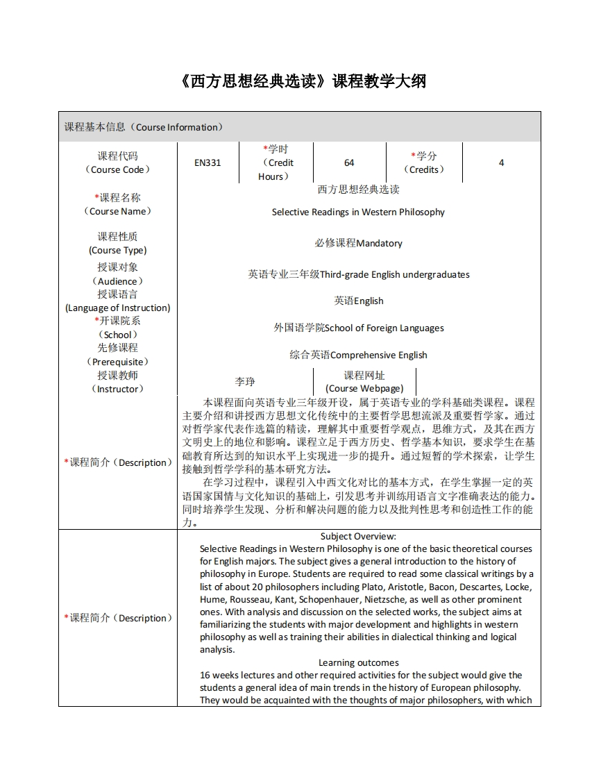 EN331《西方思想经典选读》课程教学大纲(1)
