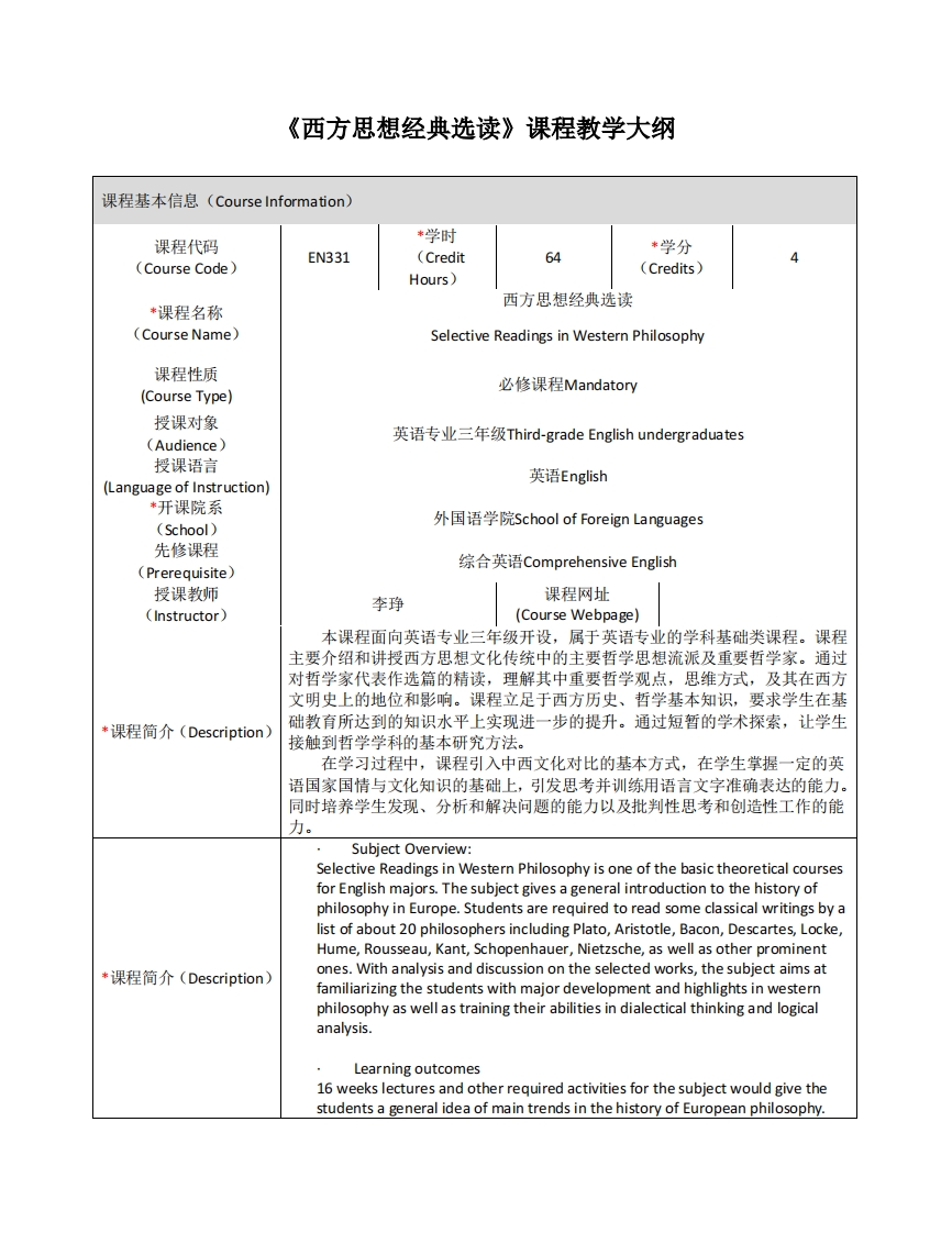 EN331《西方思想经典选读》课程教学大纲(2)
