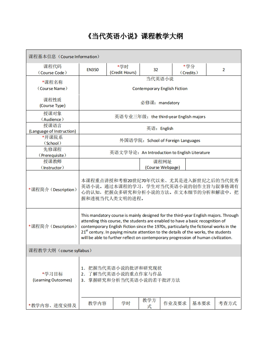 EN350《当代英语小说》课程教学大纲
