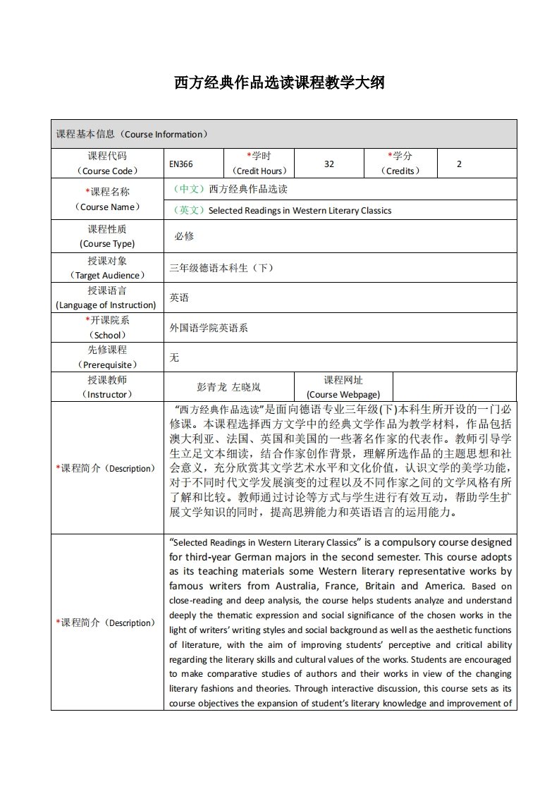 EN366《西方经典作品选读》课程教学大纲