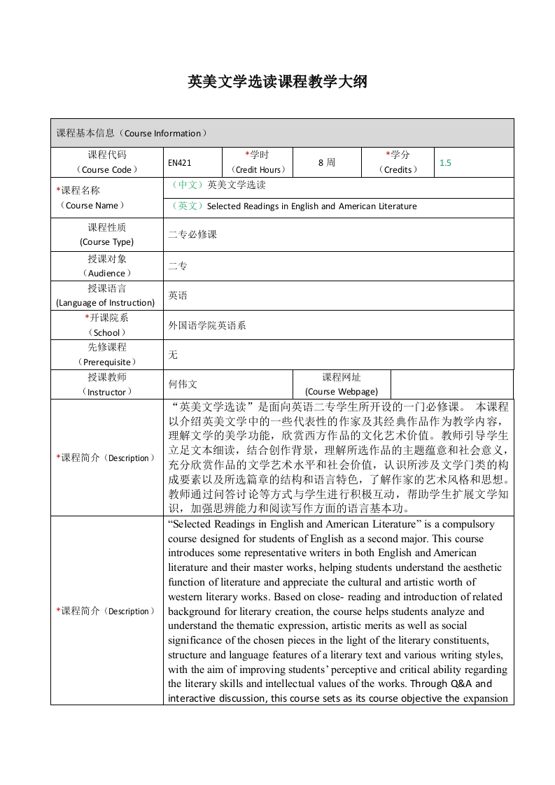 EN421《英美文学选读》课程教学大纲
