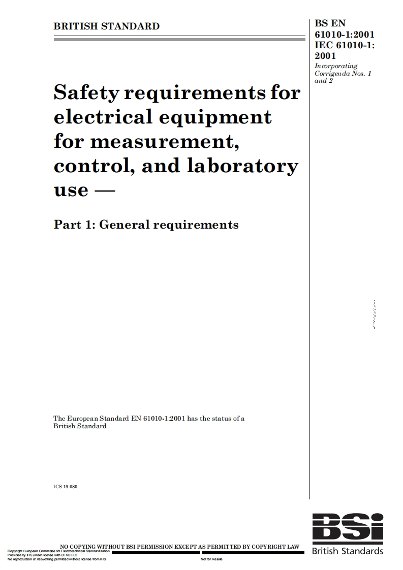 EN61010-1：2001-测量、控制和实验室用电气设备的安全要求--第1部分：通用要求（英文）