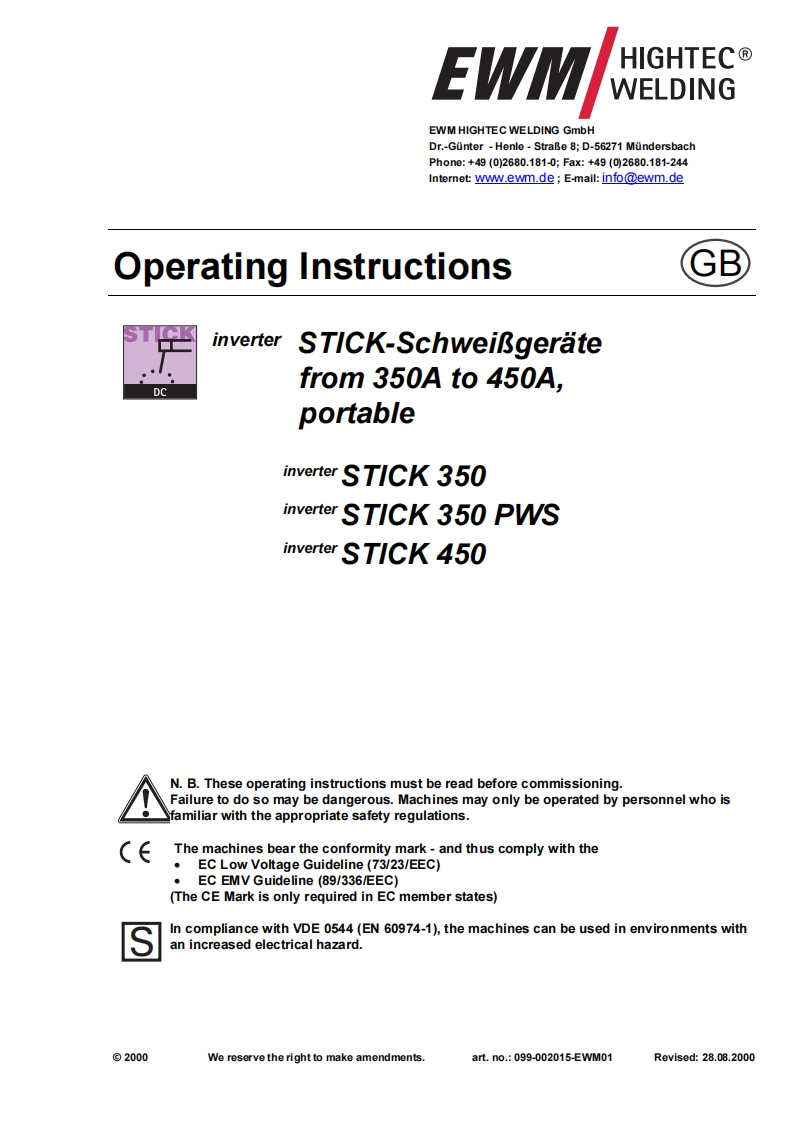 EWM电焊机invertel-STCK350-STICK-350-PWS-inverter-STICK-450-inverter操作与维修手册