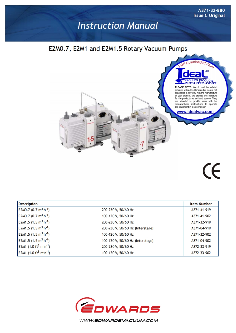 Edwards_E2M0.7_E2M1_E2M1.5_Rotary_Vacuum_Pumps_操作说明书手册