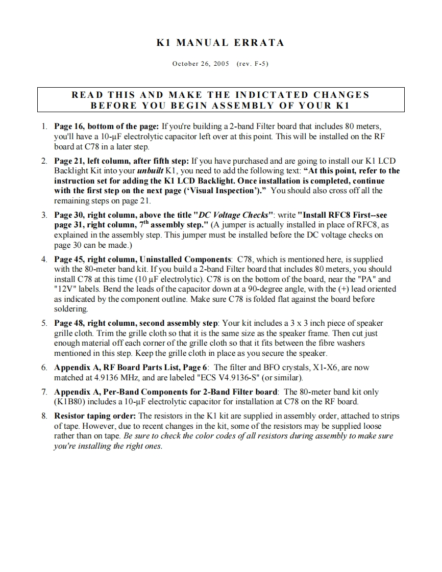 Elecraft_K1-Owners-Manual操作说明书手册-(Errata)