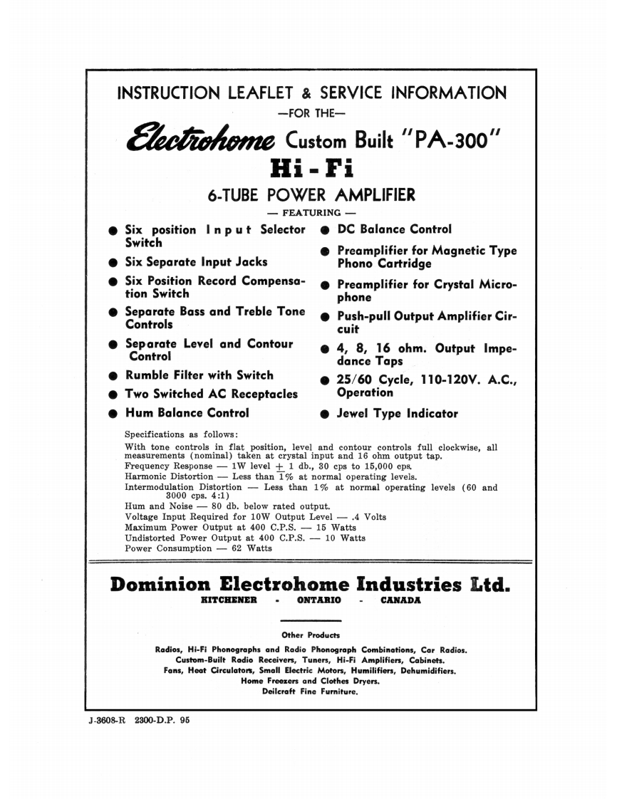 Electrohome-PA300-int-维修说明书手册含电器原理图