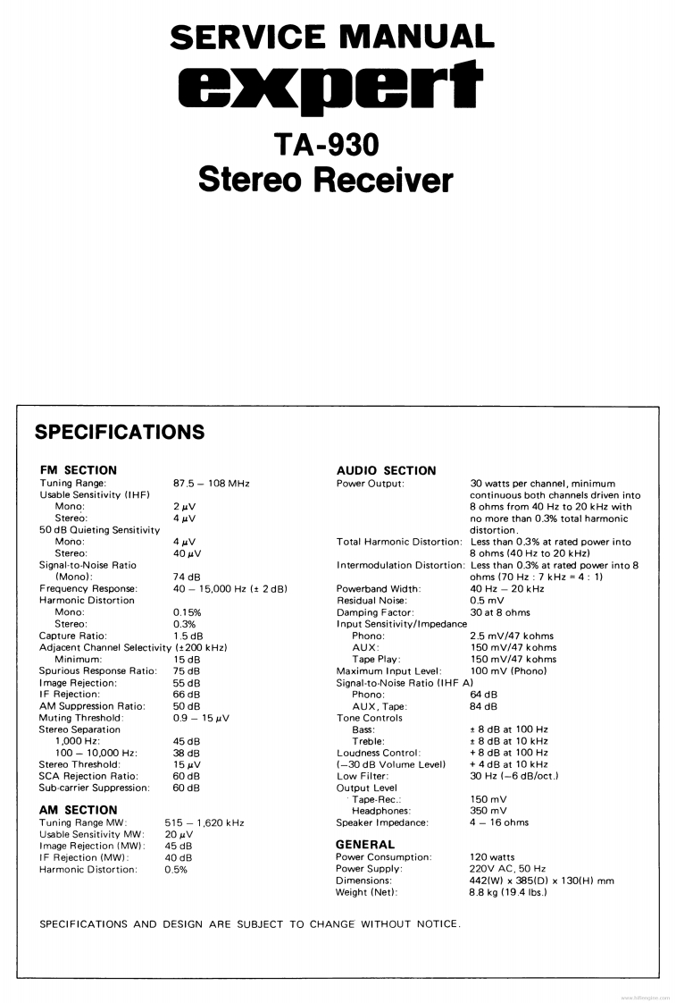 Expert-TA930-rec-维修说明书手册含电器原理图