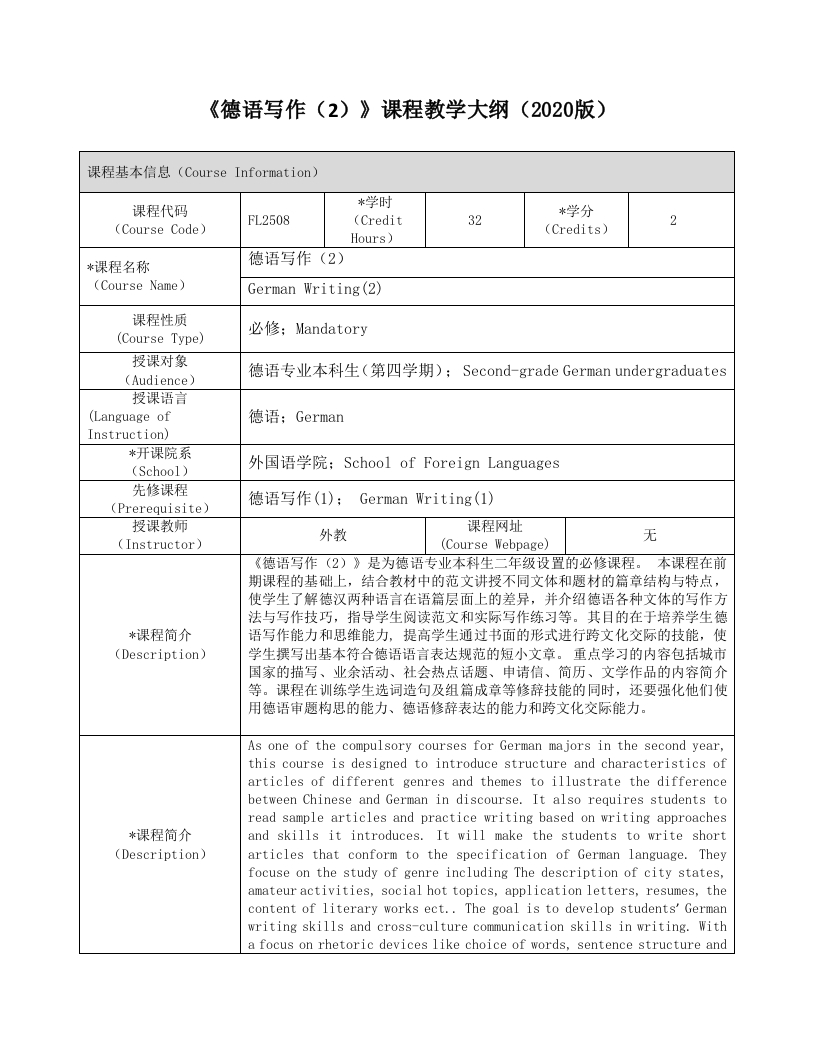 FL2508《德语写作（2）》课程教学大纲新质力文库 - 聚焦新质生产力发展的数字化知识库_行业洞察 / 理论成果 / 实践指南免费下载新质力文库