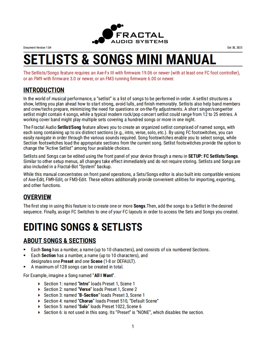 Fractal-Audio-Setlists-Songs-Mini-Manual操作说明书手册