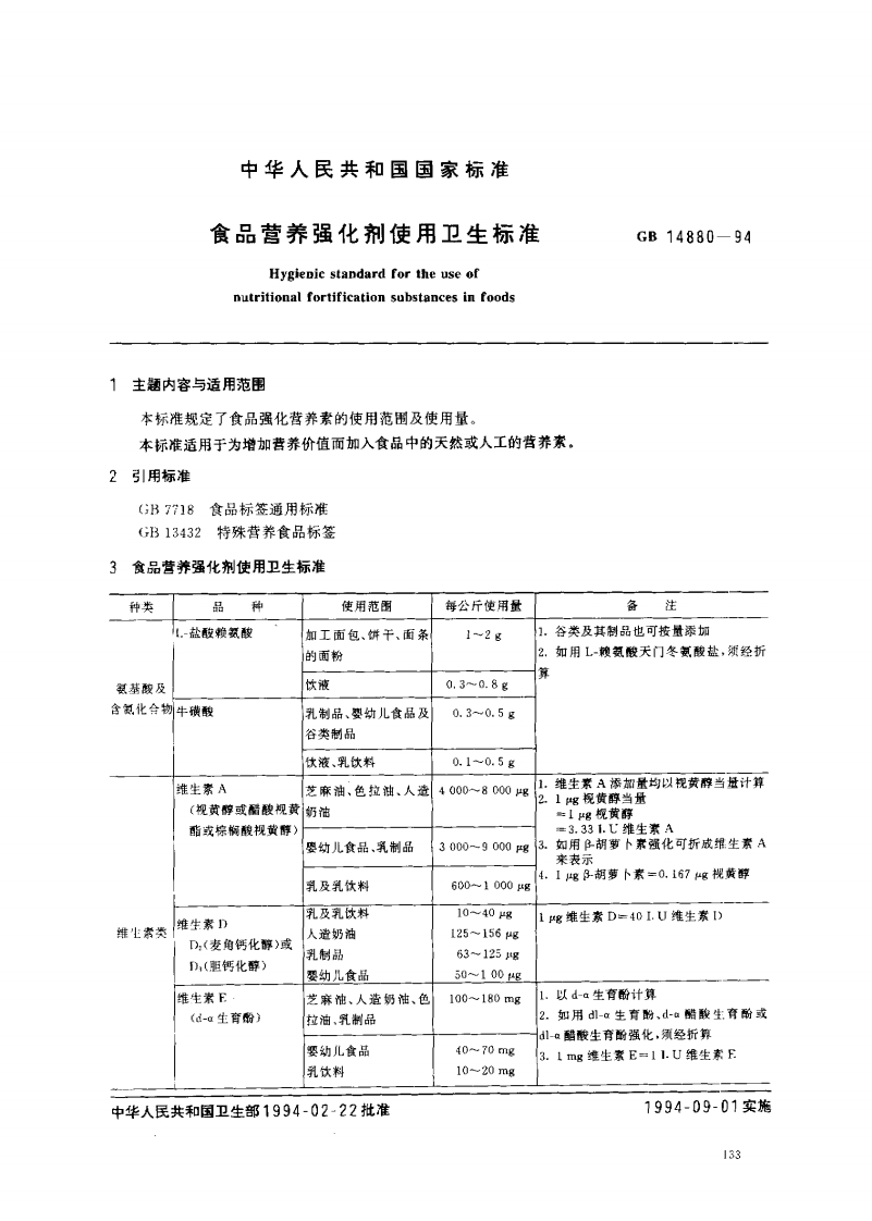 GB14880-1994食品营养强化剂使用卫生标准