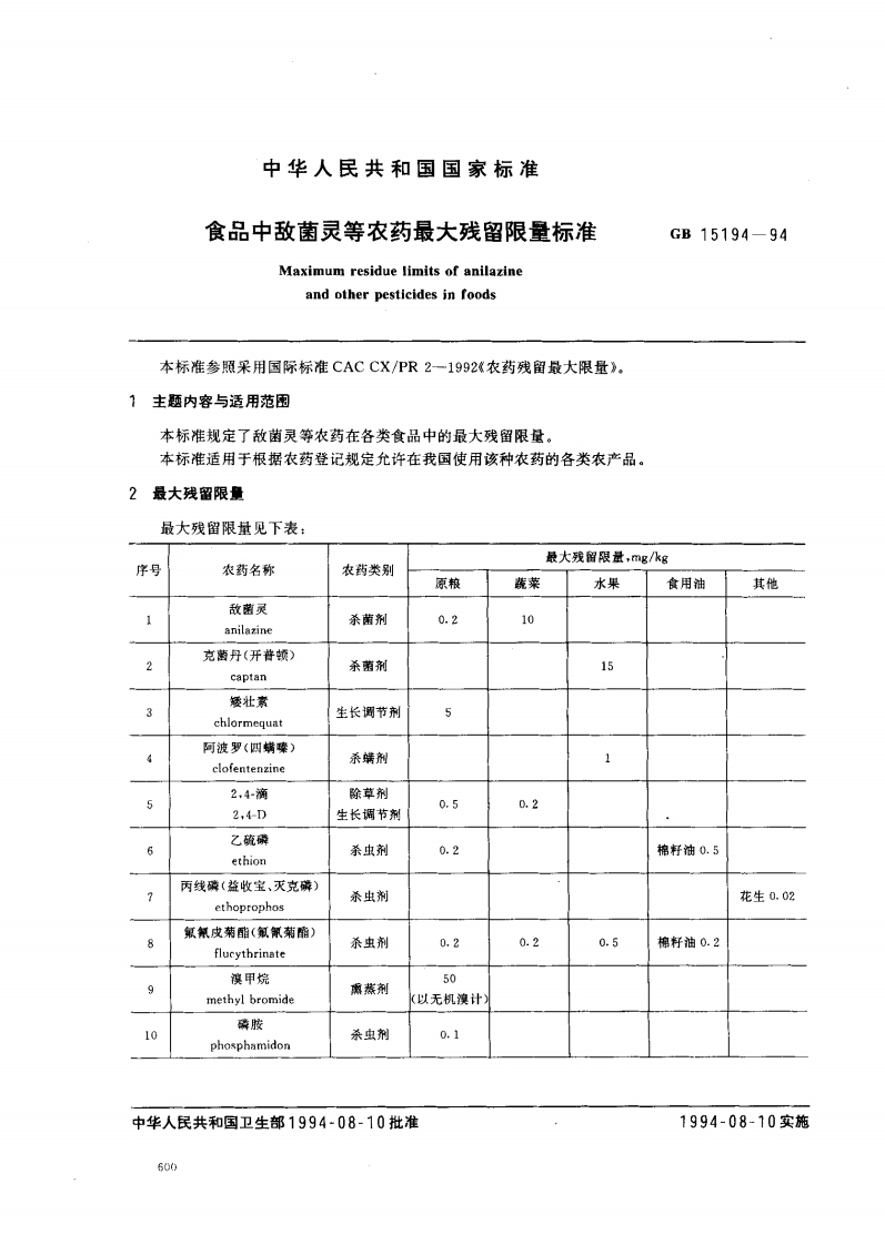 GB15194-1994食品中敌菌灵等农药最大残留限量标准