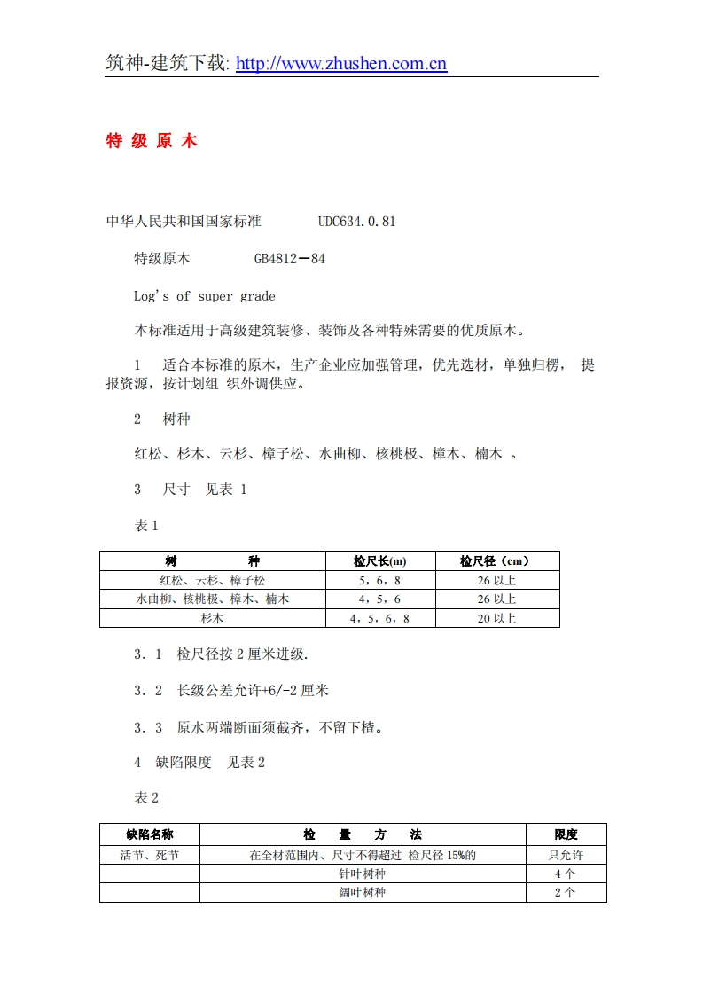 GB4812-84特级原木