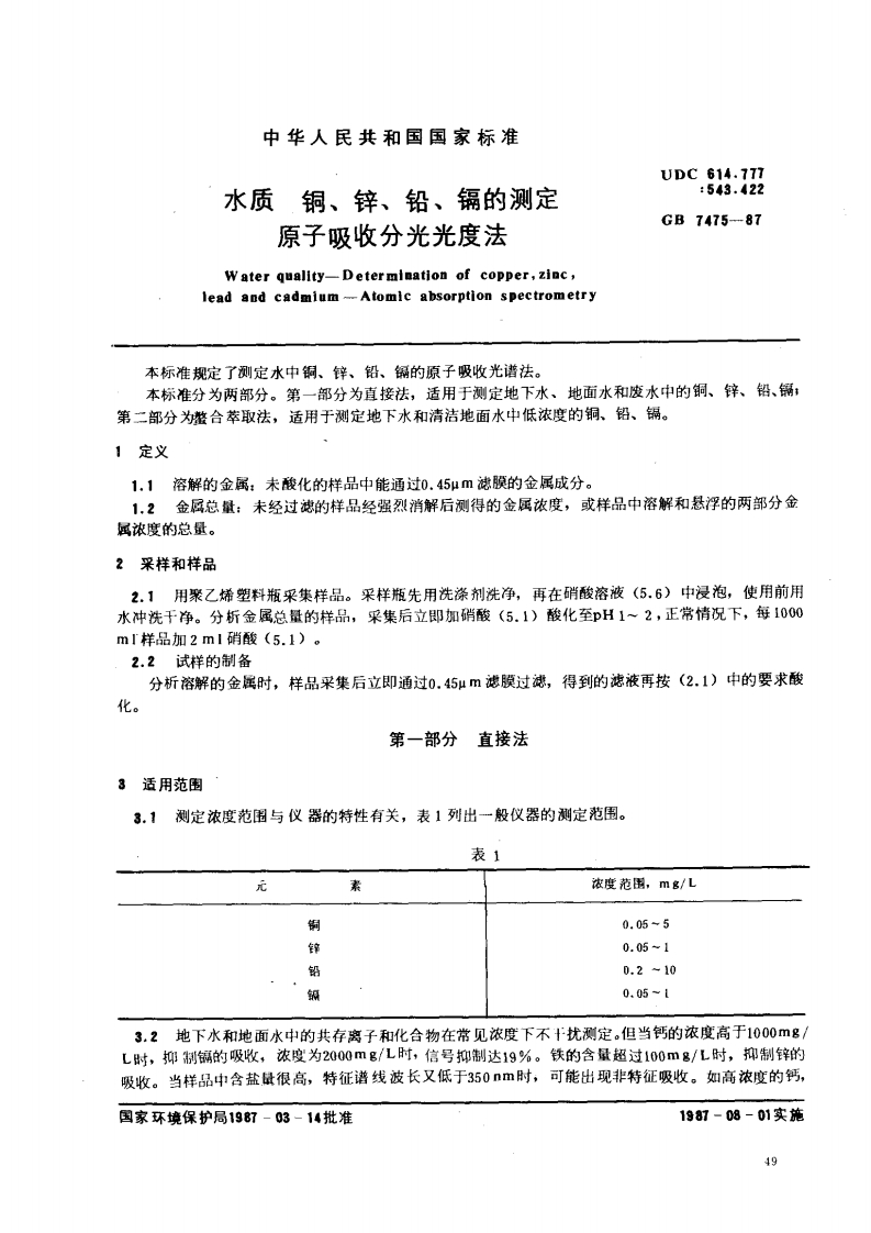 GBT-7475-87-水质-铜、锌、铅、镉的测定-原子吸收分光光度法