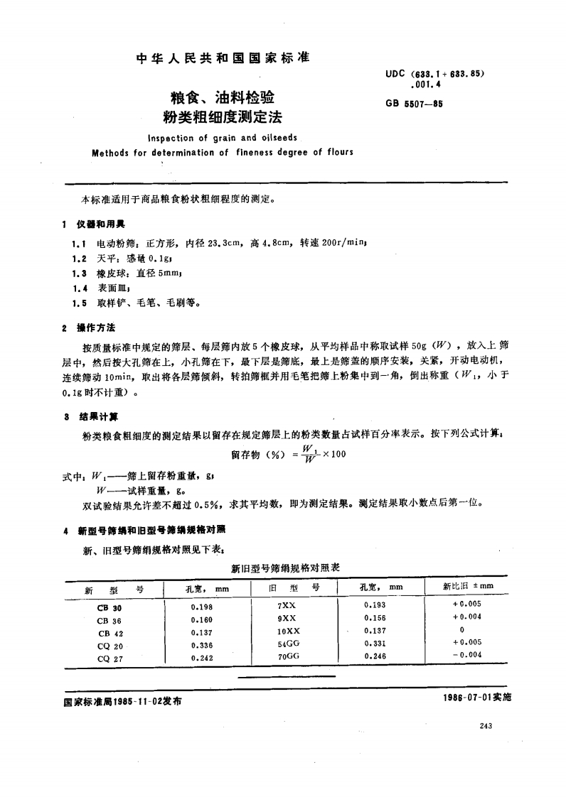 GB_T5507-1985粮食、油料检验粉类粗细度标准测定法强制性标准规范