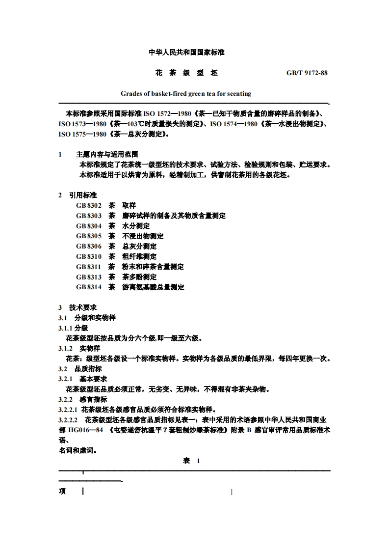 GB_T9172-1988花茶级型坯强制性标准规范