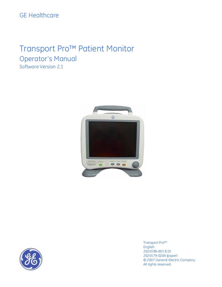 GE-Transport-Pro-Patient-Monitor-User-操作说明书手册