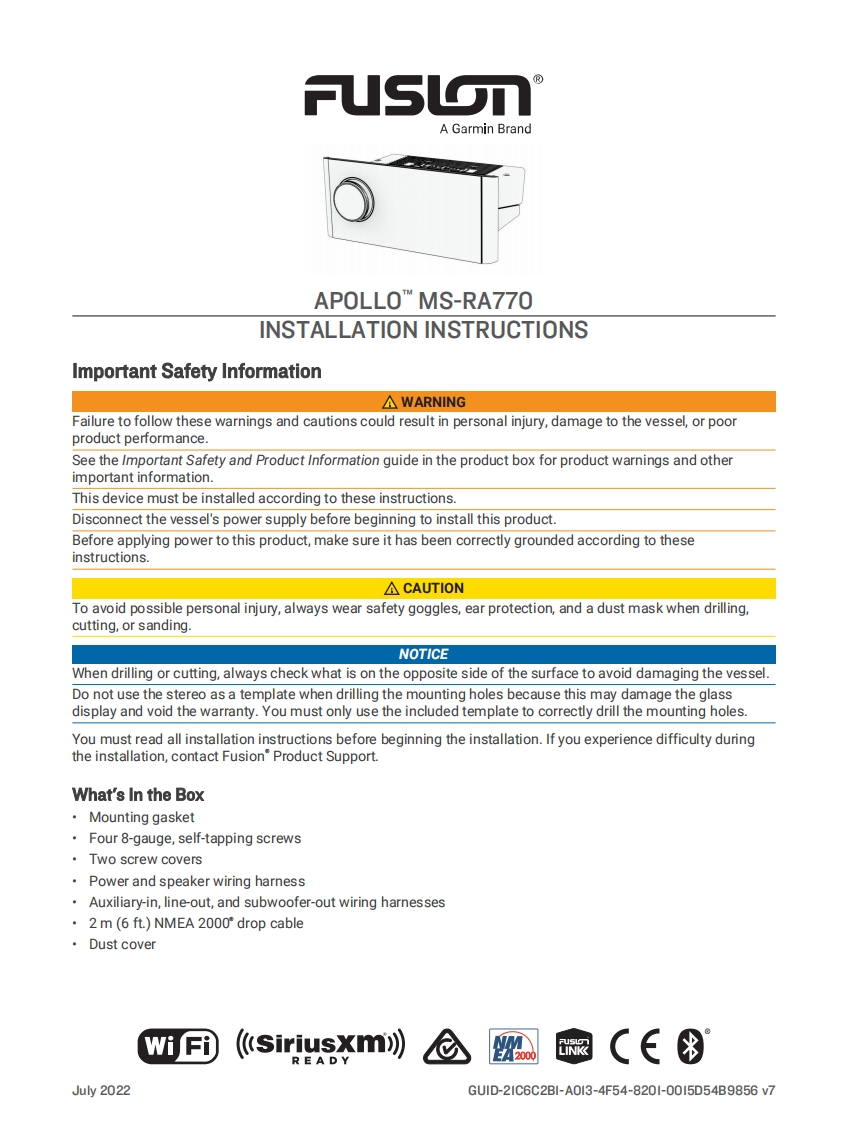 GarminFusionApolloMS-RA770MarineStereowithBuilt-inWi-Fi(010-01905-00)InstallationGuide