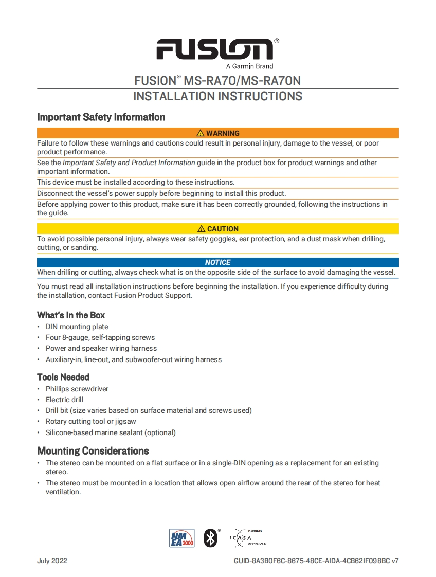 GarminFusionMS-RA70MarineStereowithBluetooth(010-01516-01)InstallationGuide