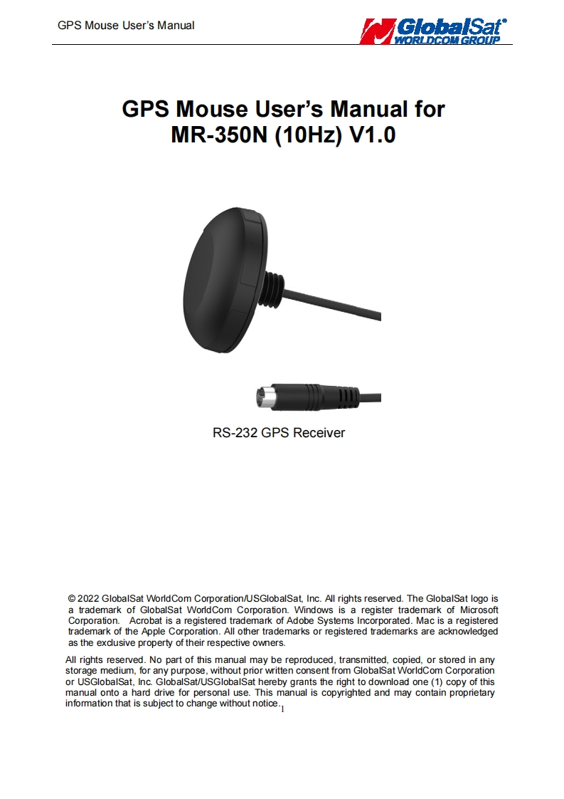GlobalSat_MR-350N-10Hz_用户使用操作说明书手册_V1