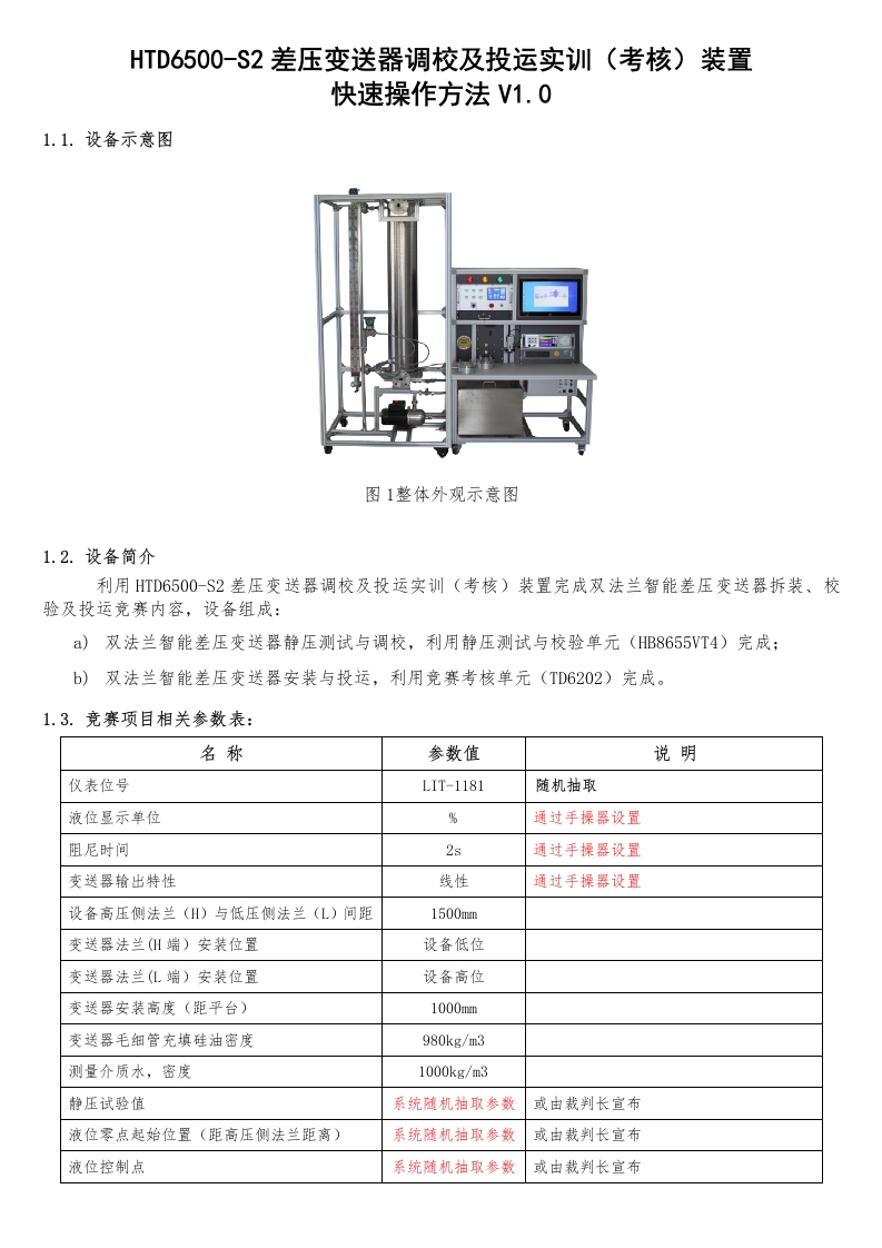HTD6500-S2差压变送器调校及投运实训（考核）装置快速操作方法V1.0