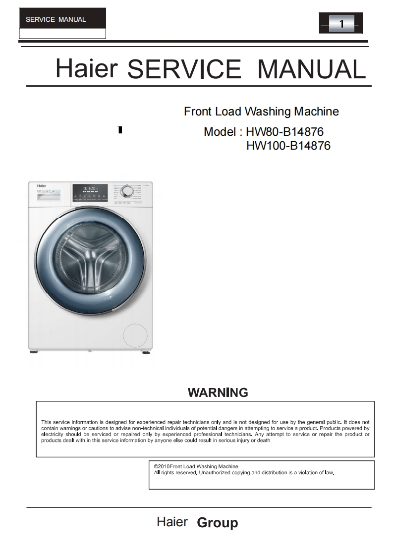 Haier-HW80-B14876-Washing-Machine-维修操作手册