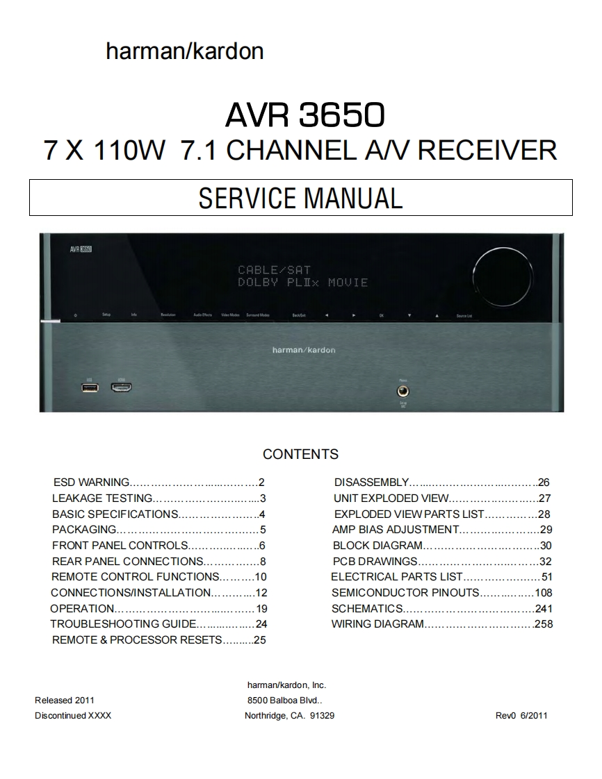 HarmanKardon-AVR3650-avr-维修说明书手册含电器原理图