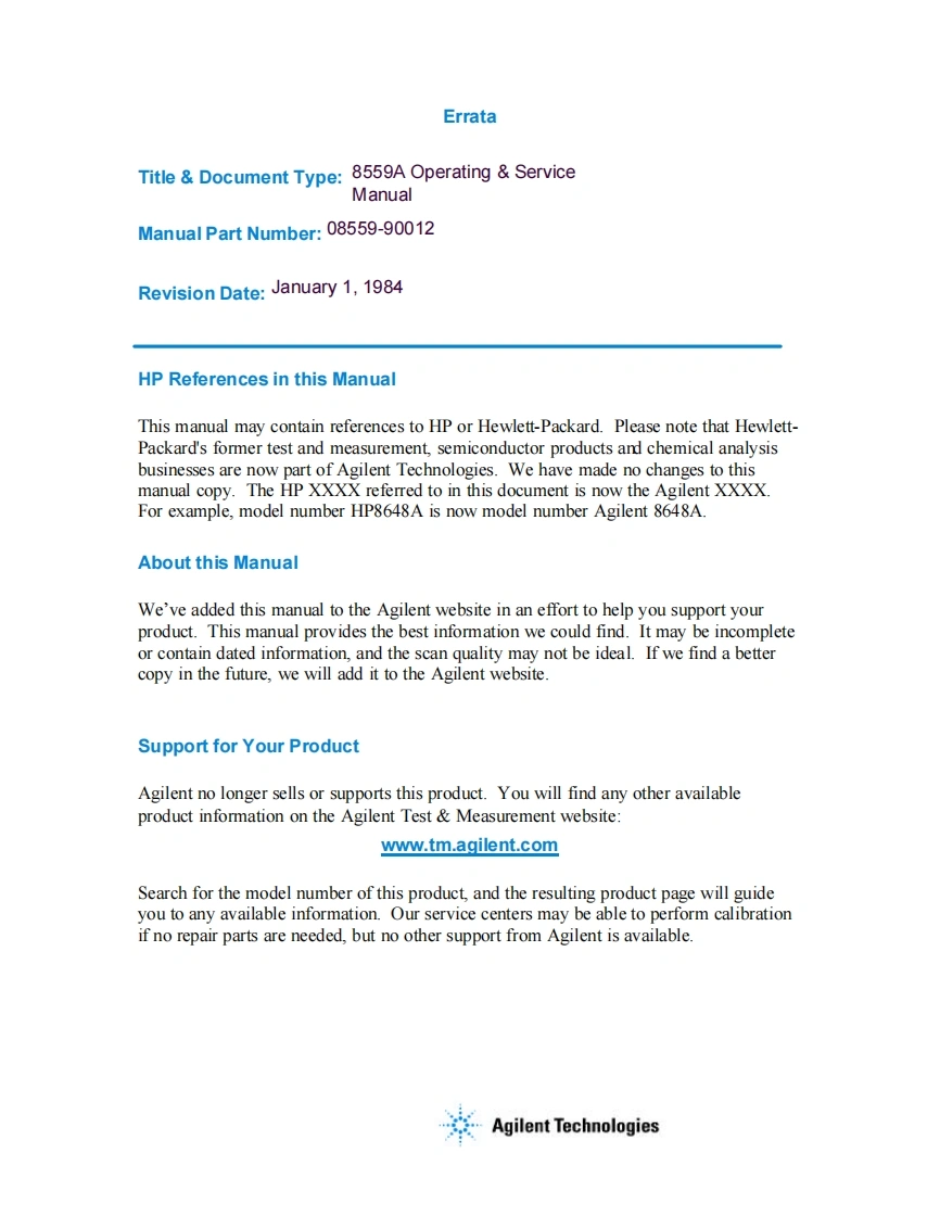 Hp8559ASpectrumAnalyzer(Operators-维修维护手册)(1984)Ww