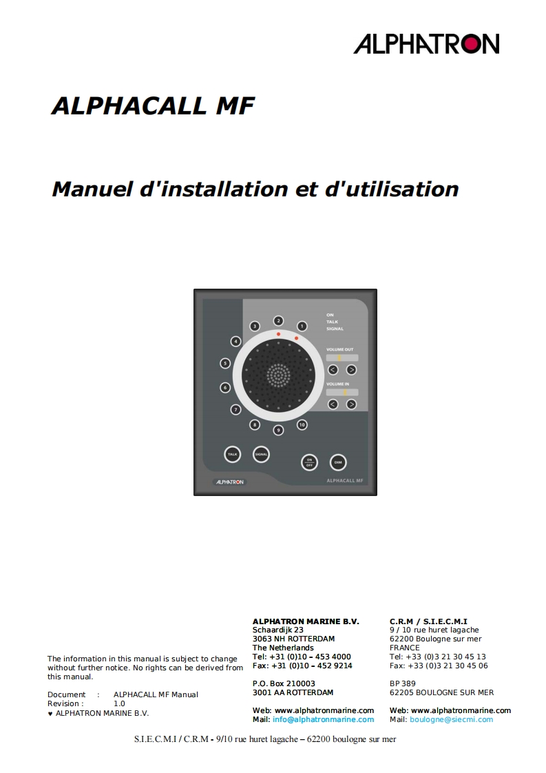 Intercom-Alphatron-AlphaCall-MF-安装操作说明书手册-French-26-11-2009