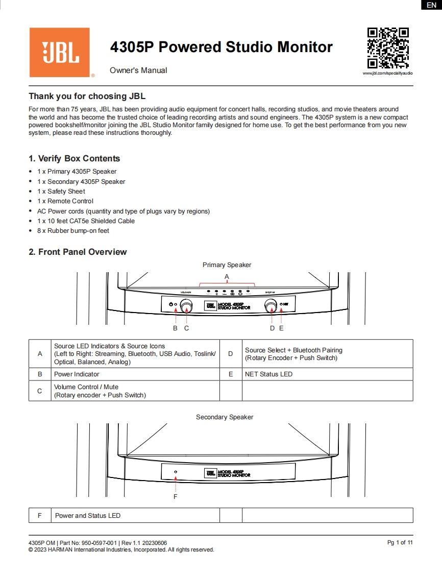 JBL_4305P_使用操作说明书手册_使用操作说明书手册_Rev1.1_Released20230606_MultiLanguage